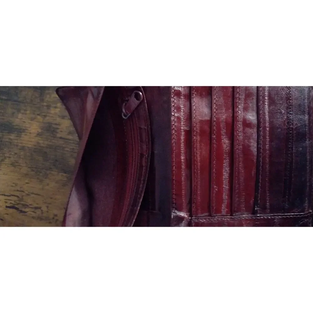 Joli Vintage Genuine Eel Skin Leather of the Sea Bifold Wallet Rich Burgundy Red